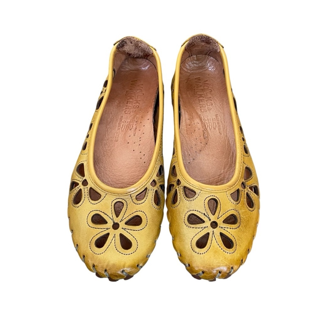 VOLKS WALKERS Yellow Floral Cutout Leather Ballet Flat Shoes 37